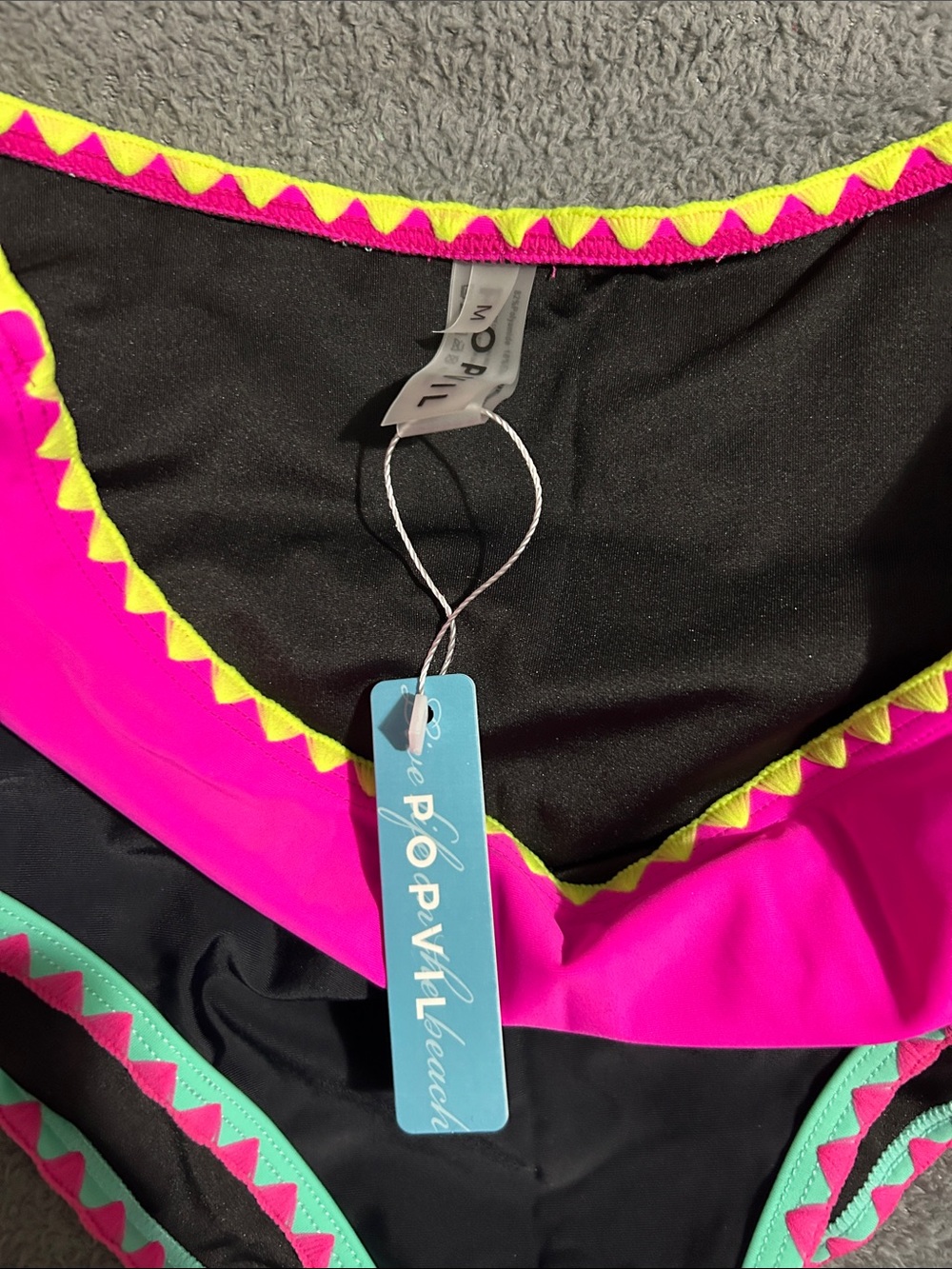NWT Popvil Black Swim Set with Neon Pink and Aqua Trim - Picture 8 of 12